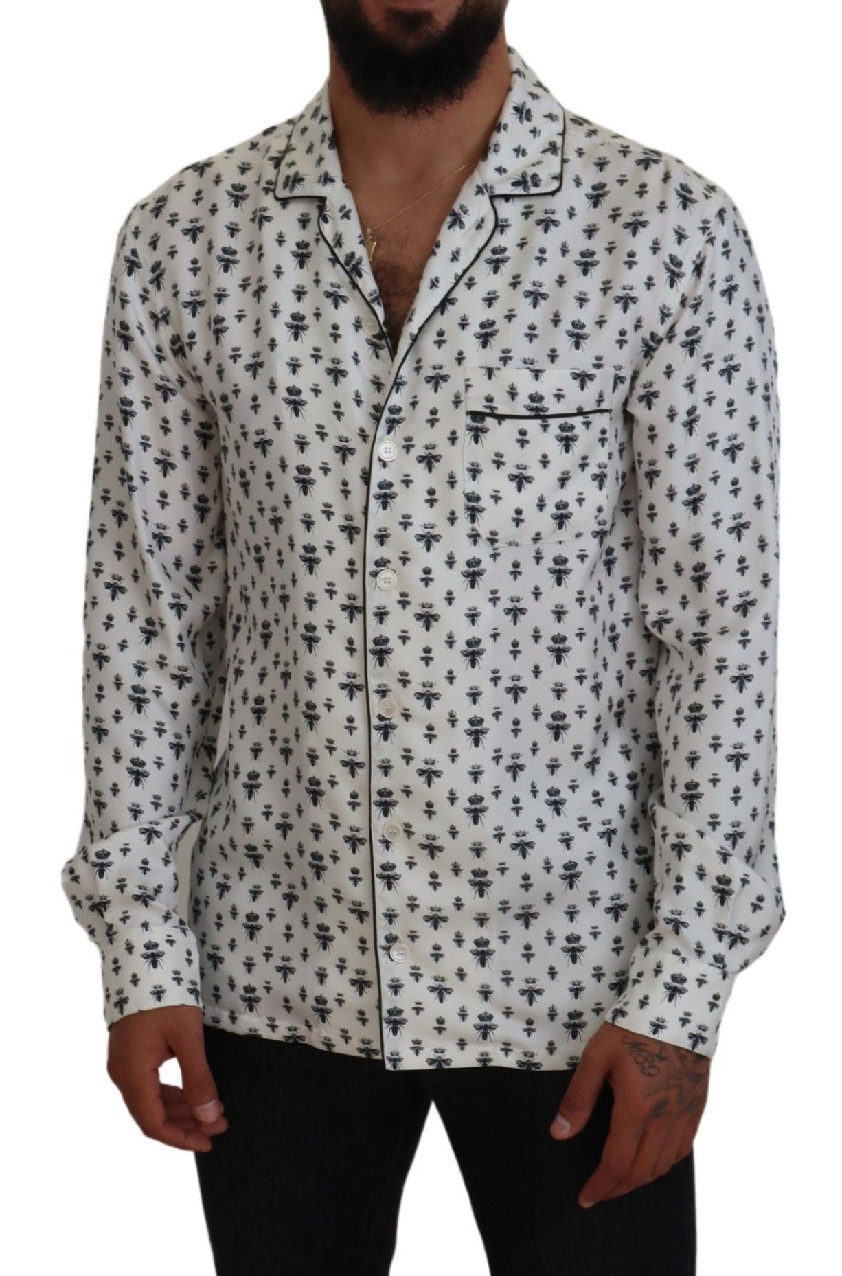 Dolce & Gabbana Elegant Silk Pajama Top with Crown Bee Print - IT4 | S