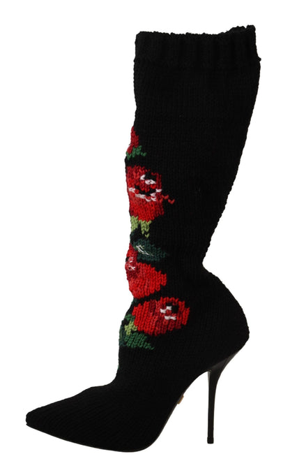 Dolce & Gabbana Elegant Sock Boots with Red Roses Detail