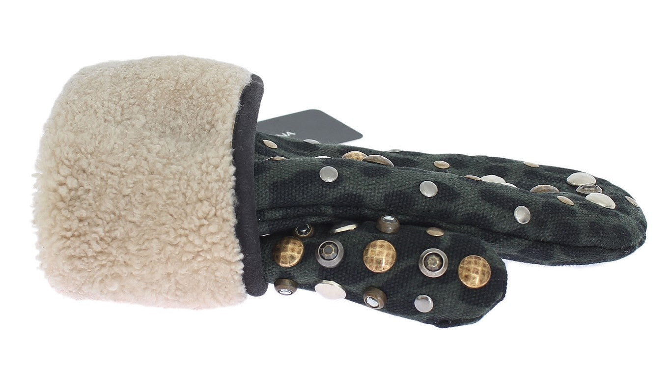 Dolce & Gabbana Elegant Studded Gray Wool Shearling Gloves - 9|M