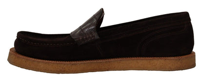 Dolce & Gabbana Elegant Suede Crocodile Loafers in Brown - EU44/US11