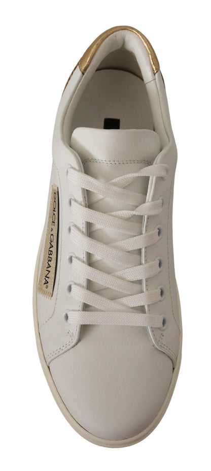 Dolce & Gabbana Elegant White Leather Sneakers with Gold Accents - EU35/US4.5