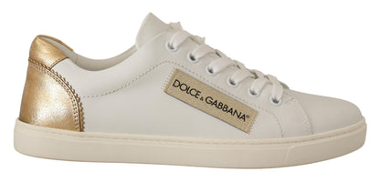 Dolce & Gabbana Elegant White Leather Sneakers with Gold Accents - EU35/US4.5