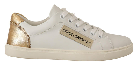 Dolce & Gabbana Elegant White Leather Sneakers with Gold Accents - EU35/US4.5