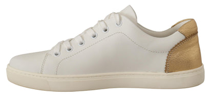 Dolce & Gabbana Elegant White Leather Sneakers with Gold Accents - EU35/US4.5