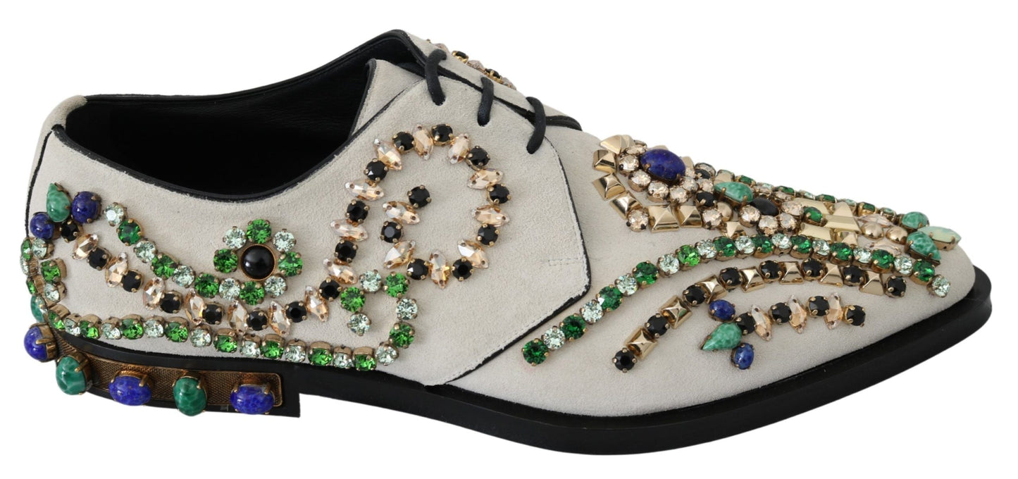 Dolce & Gabbana Elegant White Suede Dress Flats with Crystals - EU41/US10.5