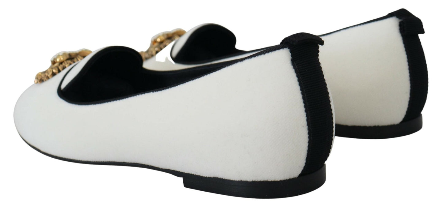 Dolce & Gabbana Elegant White Velvet Loafers with Gold Heart Detail