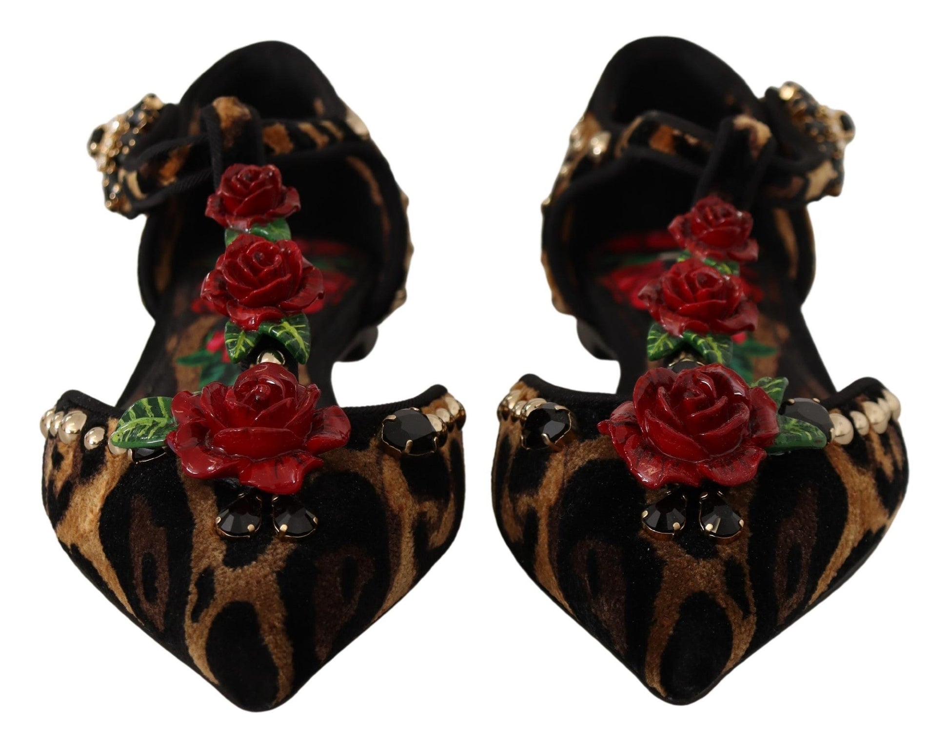 Dolce & Gabbana Floral Embellished Leopard T-Strap Sandals - EU35/US4.5