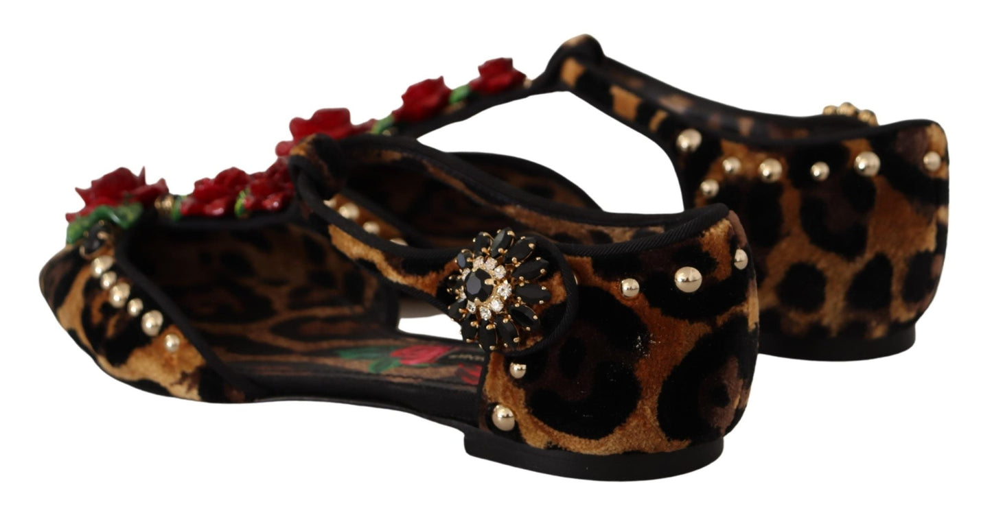 Dolce & Gabbana Floral Embellished Leopard T-Strap Sandals - EU35/US4.5