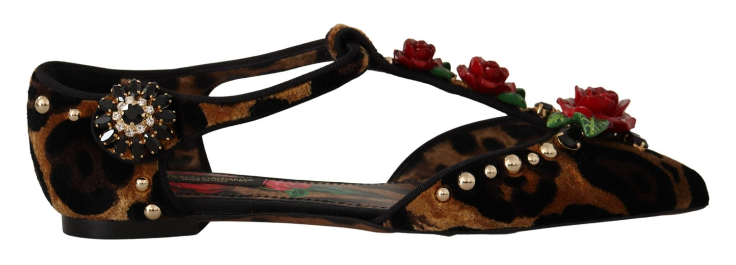 Dolce & Gabbana Floral Embellished Leopard T-Strap Sandals - EU35/US4.5