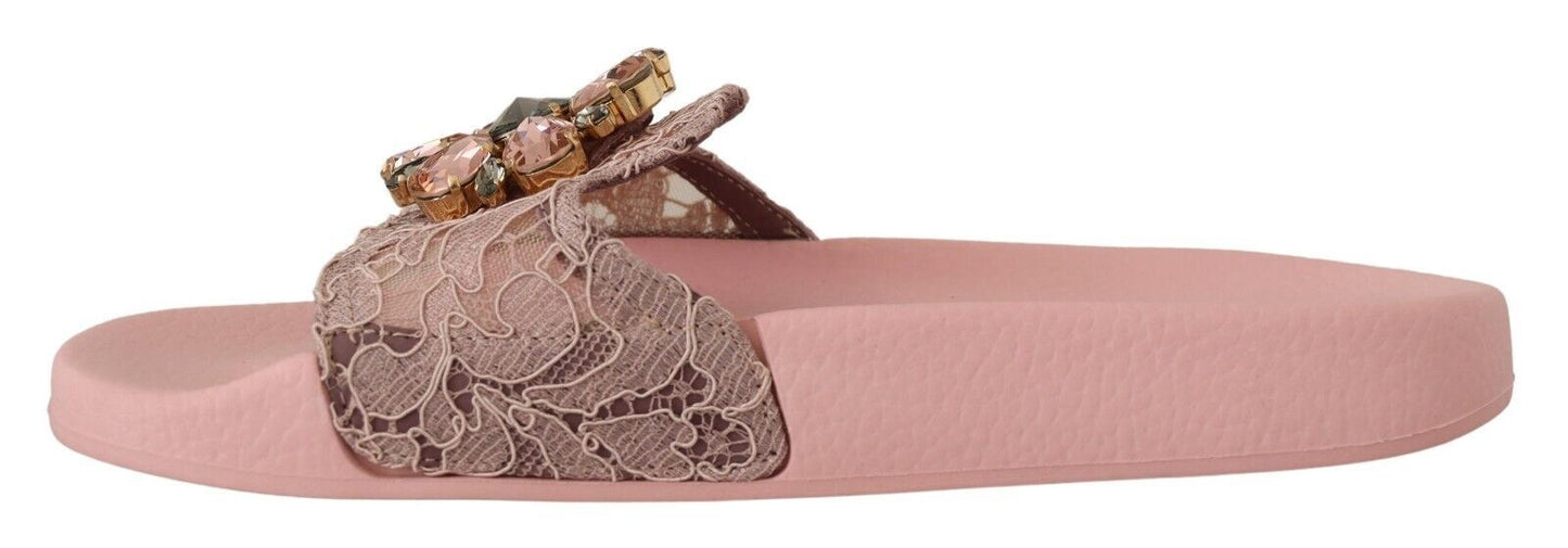 Dolce & Gabbana Floral Lace Crystal Embellished Slide Flats - EU36/US5.5