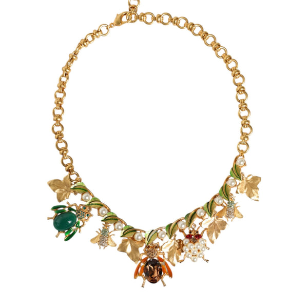 Dolce & Gabbana Gold Brass Crystal Bug Charm Pendant Statement Necklace