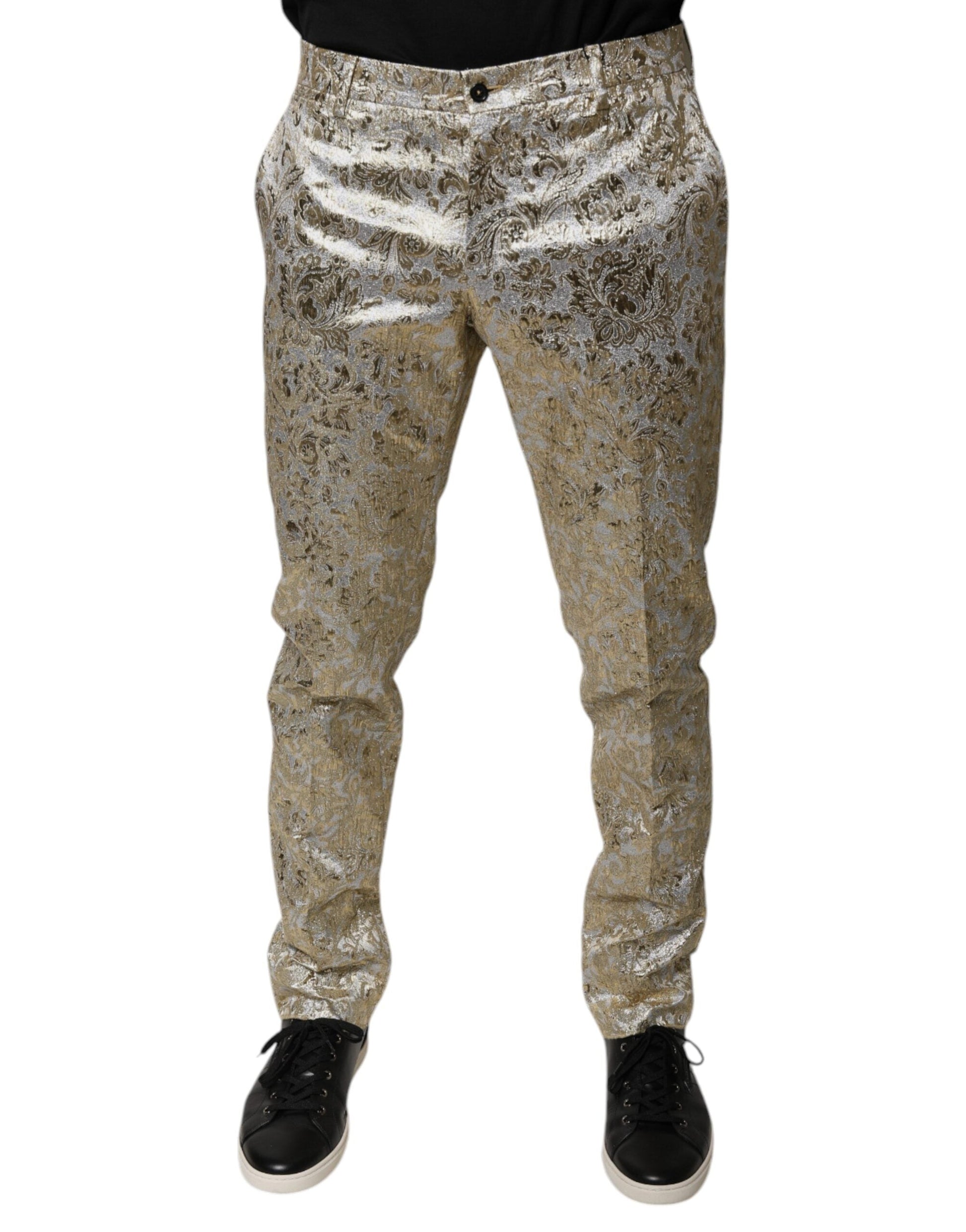 Dolce & Gabbana Gold Floral Jacquard Men Dress Pants - IT48 | M