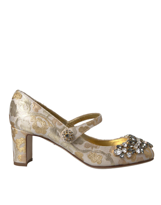 Dolce & Gabbana Gold Jacquard Crystal Mary Janes Pumps Shoes - EU37.5/US7