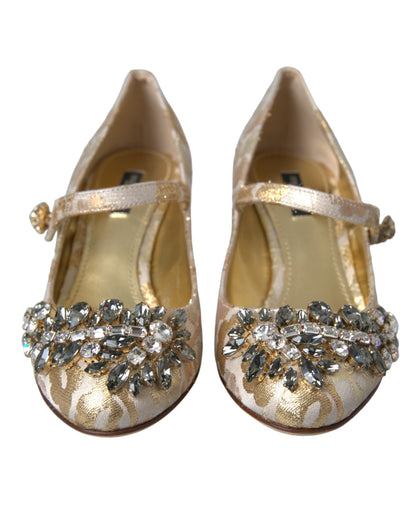 Dolce & Gabbana Gold Jacquard Crystal Mary Janes Pumps Shoes - EU37.5/US7