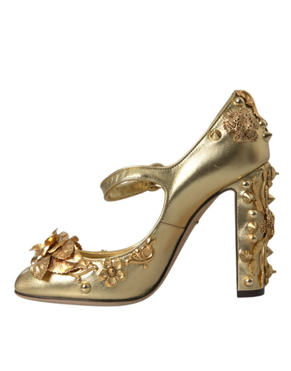 Dolce & Gabbana Gold Leather Crystal Mary Janes Pumps Shoes - EU36/US5.5