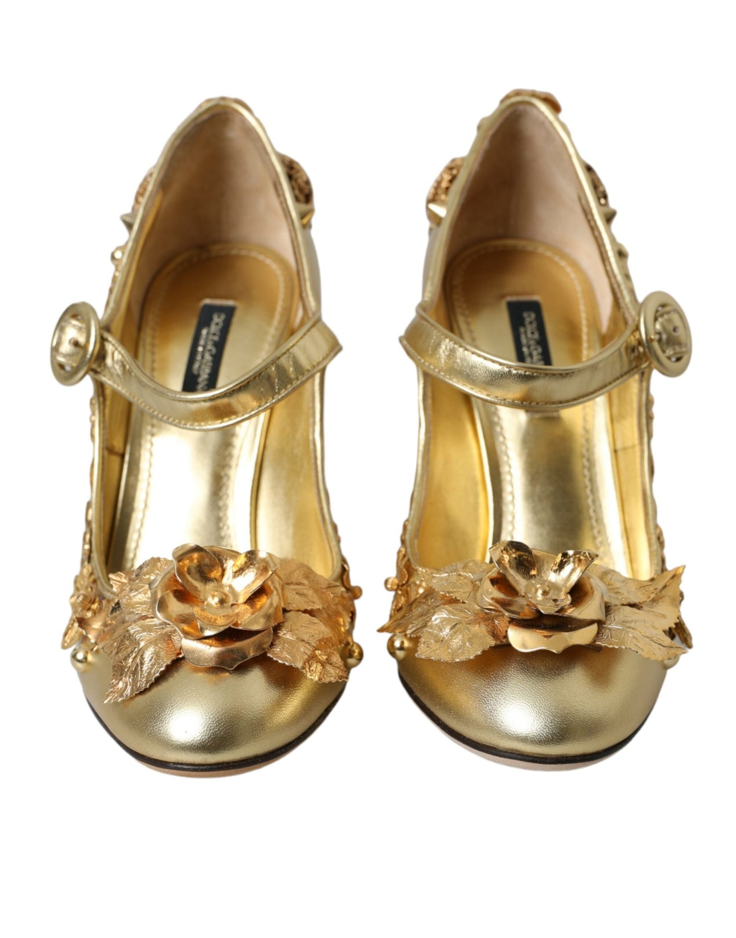 Dolce & Gabbana Gold Leather Crystal Mary Janes Pumps Shoes - EU36/US5.5