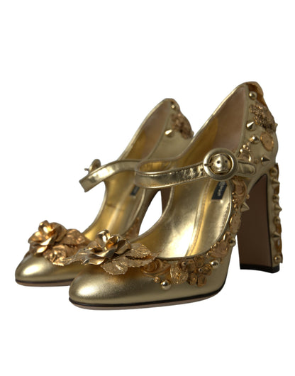 Dolce & Gabbana Gold Leather Crystal Mary Janes Pumps Shoes - EU36/US5.5