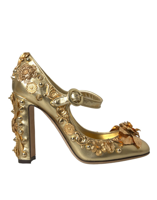 Dolce & Gabbana Gold Leather Crystal Mary Janes Pumps Shoes - EU36/US5.5