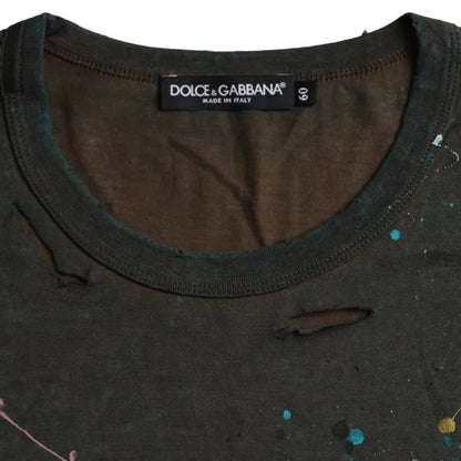 Dolce & Gabbana Gray Color Splash Cotton Crew Neck T-shirt - IT60 | 3XL