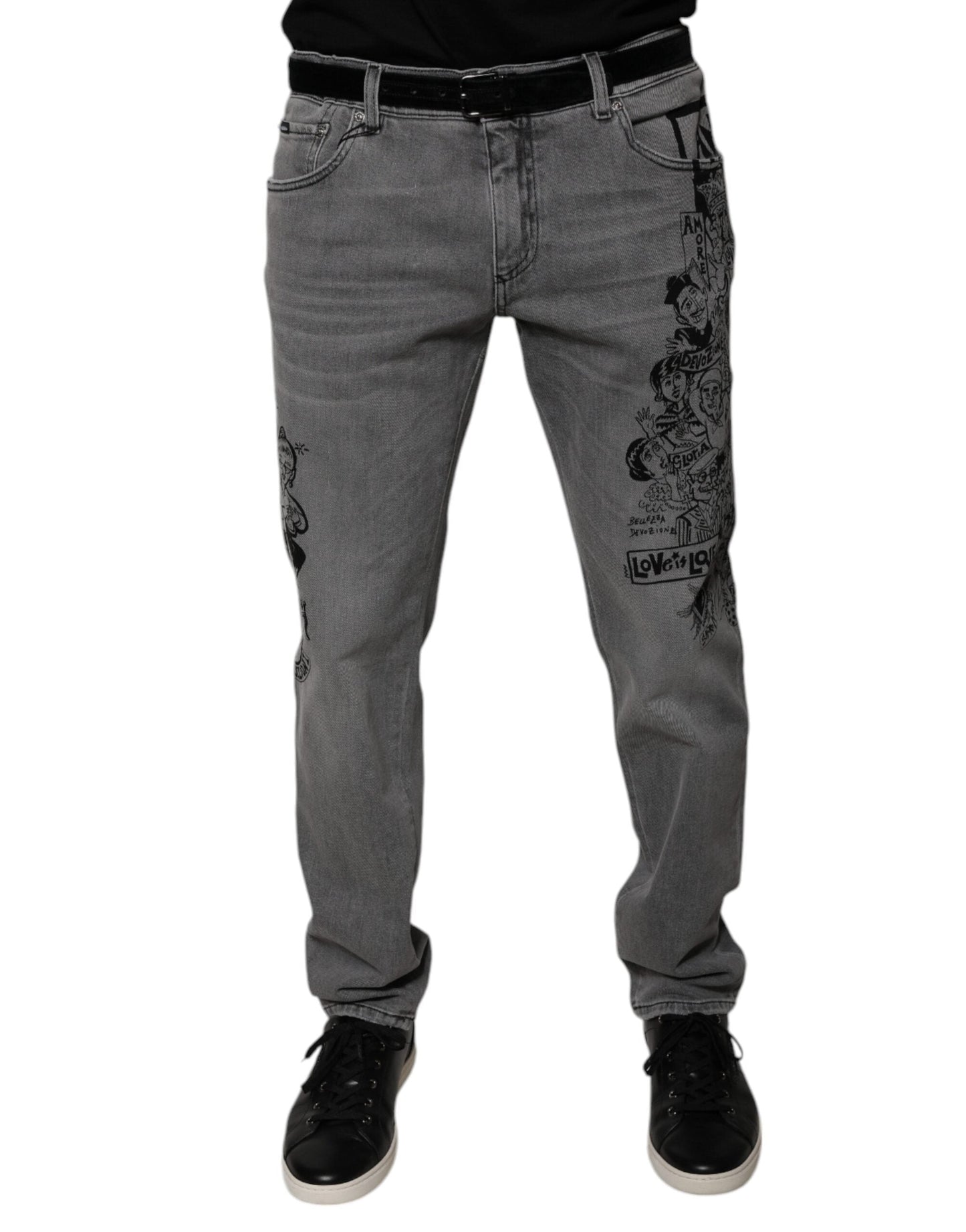 Dolce & Gabbana Gray Graphic Print Cotton Skinny Denim Jeans - IT54 | XL