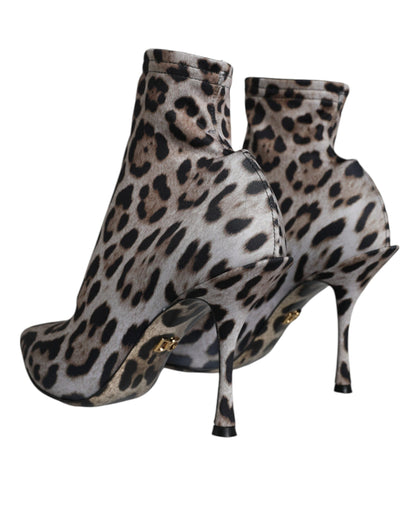 Dolce & Gabbana Gray Leopard Stretch Heels Ankle Boots Shoes - EU38/US7