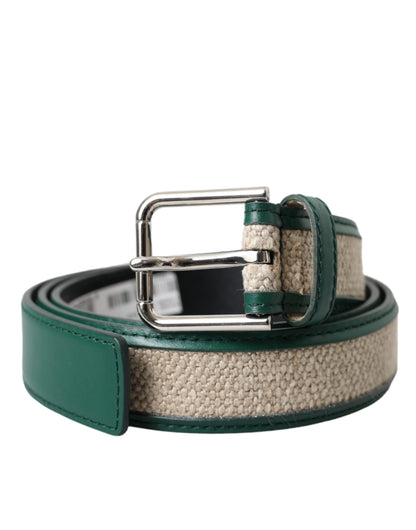 Dolce & Gabbana Green Beige Leather Weaved Metal Buckle Belt - 90 cm / 36 Inches