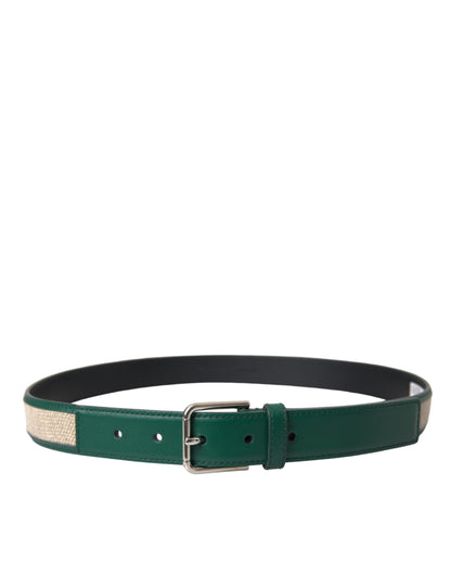 Dolce & Gabbana Green Beige Leather Weaved Metal Buckle Belt - 90 cm / 36 Inches