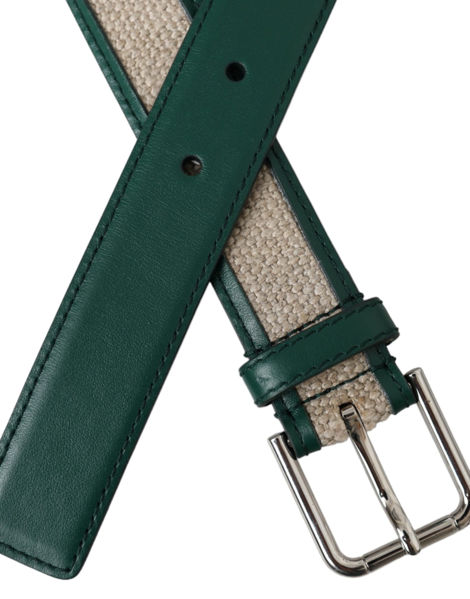 Dolce & Gabbana Green Beige Leather Weaved Metal Buckle Belt - 90 cm / 36 Inches