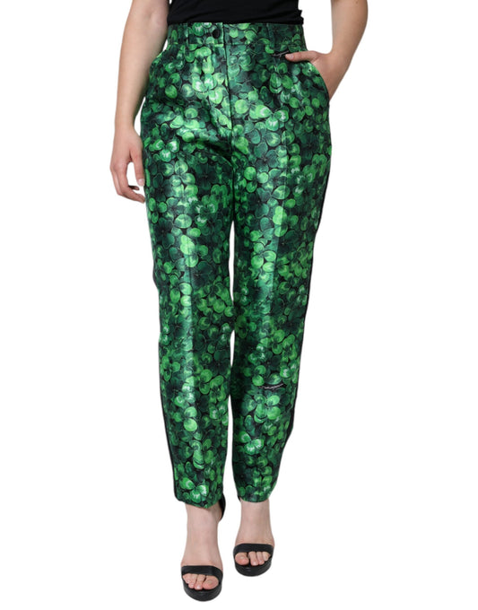 Dolce & Gabbana Green Clover Silk Satin High Waist Tapered Pants - IT44 | L