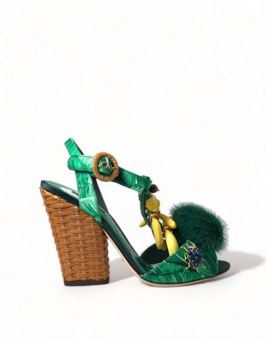 Dolce & Gabbana Green Crystal Mink Fur T-Strap Sandals - EU35/US4.5