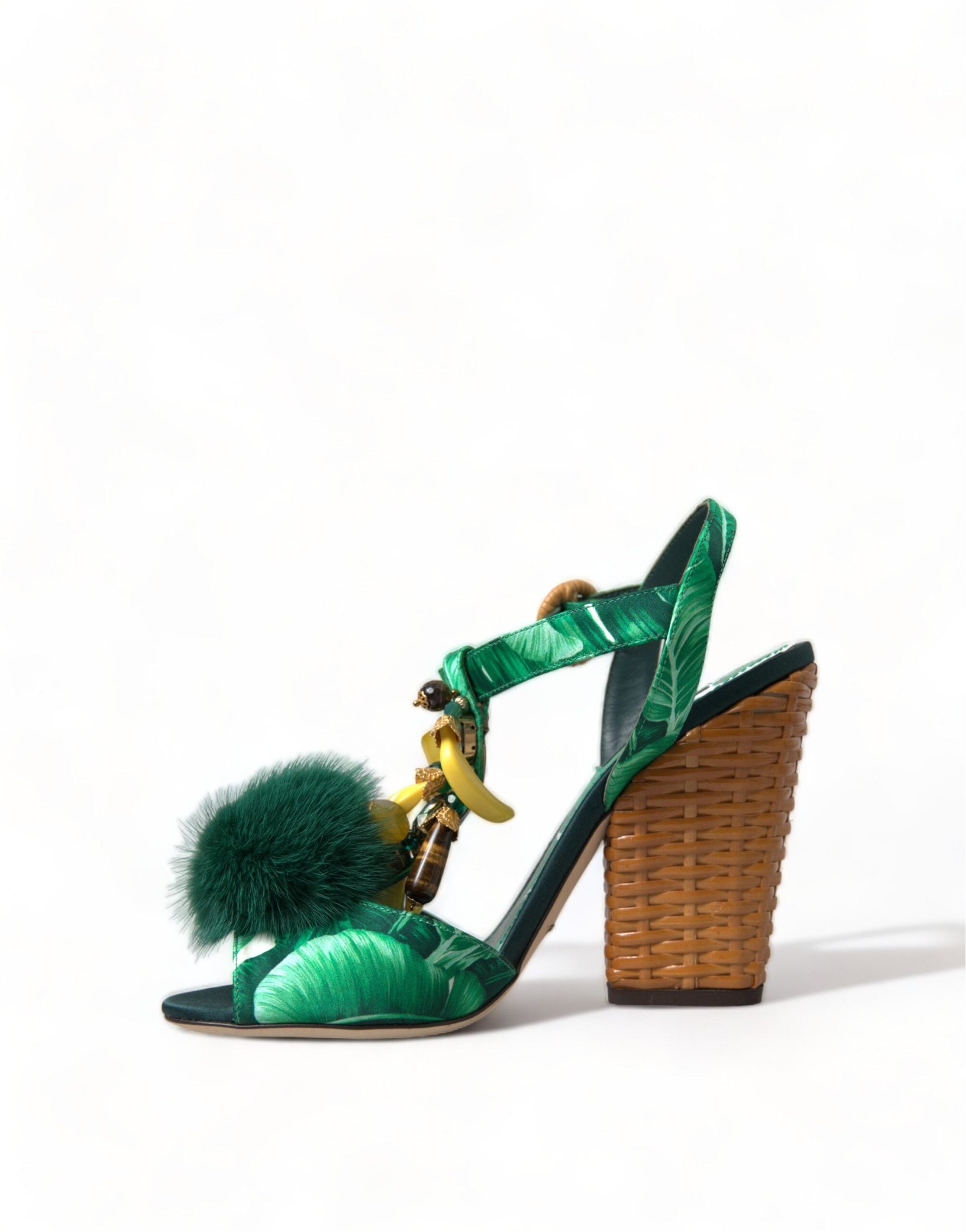 Dolce & Gabbana Green Crystal Mink Fur T-Strap Sandals - EU35/US4.5