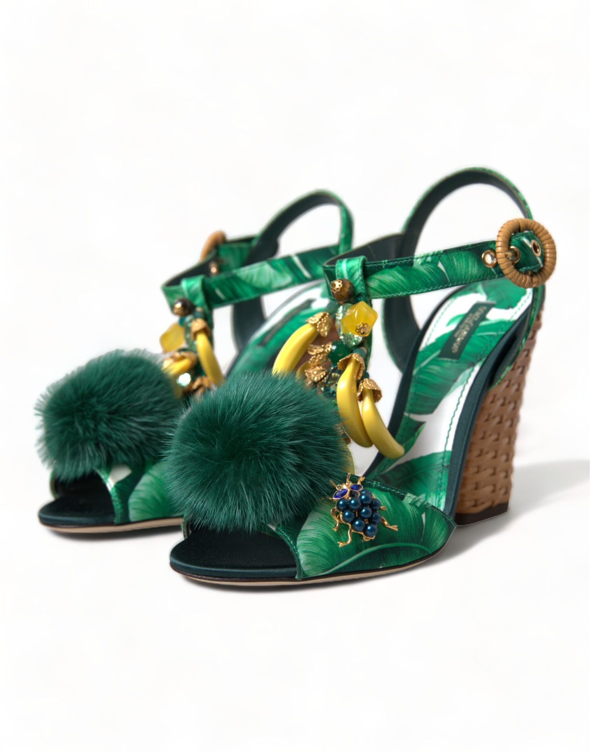 Dolce & Gabbana Green Crystal Mink Fur T-Strap Sandals - EU35/US4.5