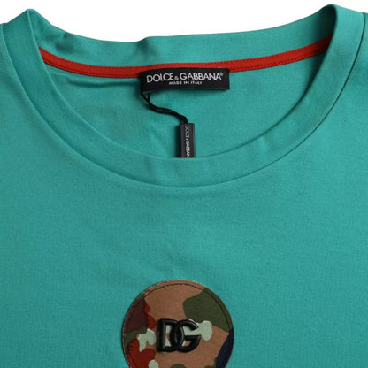 Dolce & Gabbana Green Logo Patch Round Neck Cotton T-shirt - IT54 | XL