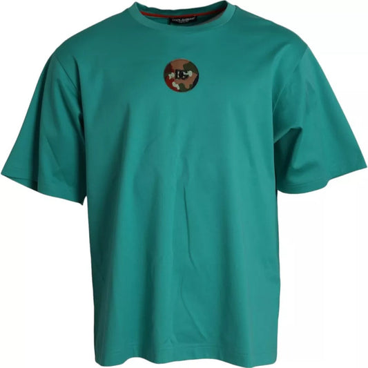 Dolce & Gabbana Green Logo Patch Round Neck Cotton T-shirt - IT54 | XL