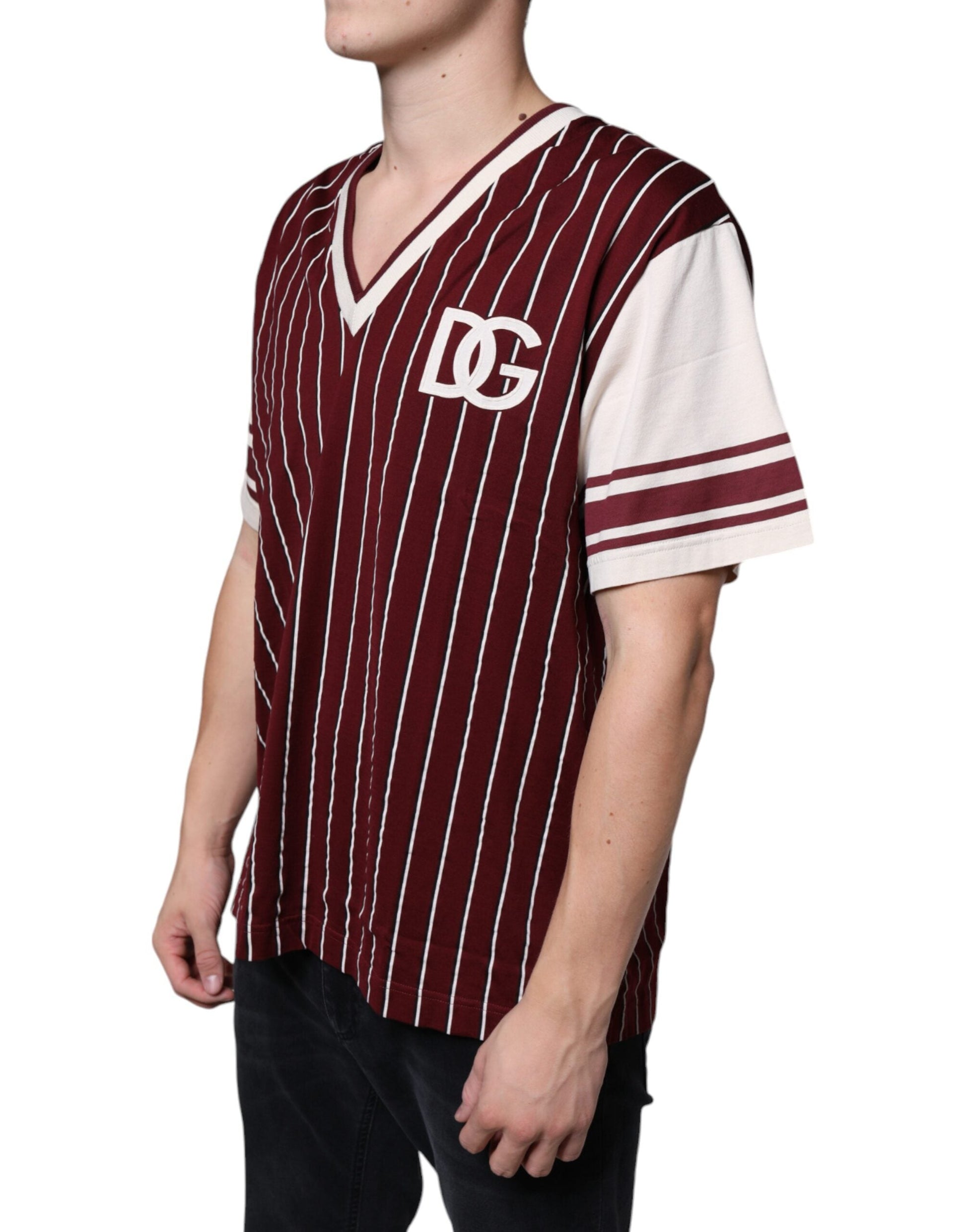 Dolce & Gabbana Maroon Stripes Cotton Logo V-neck T-shirt - IT50 | L