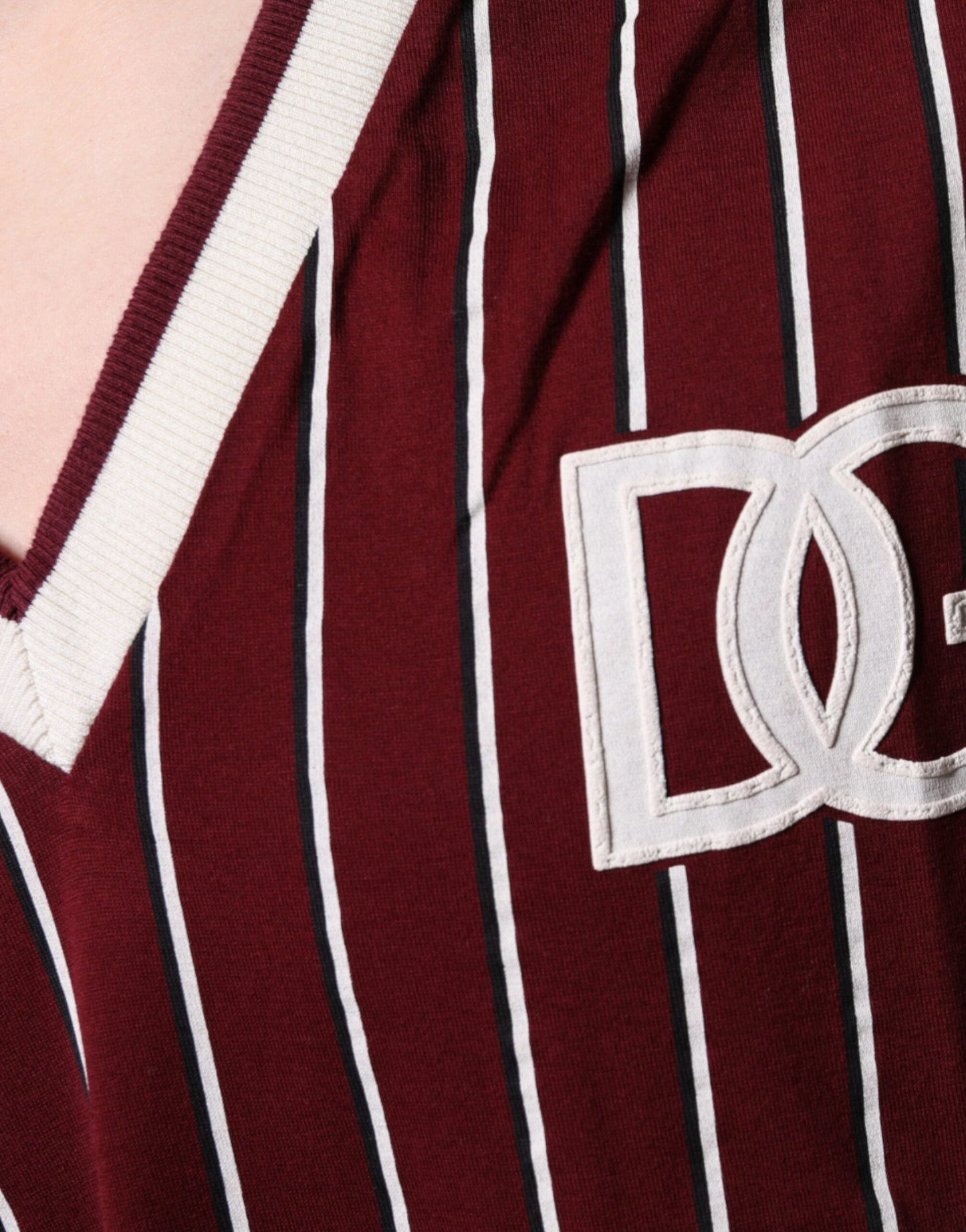 Dolce & Gabbana Maroon Stripes Cotton Logo V-neck T-shirt - IT50 | L