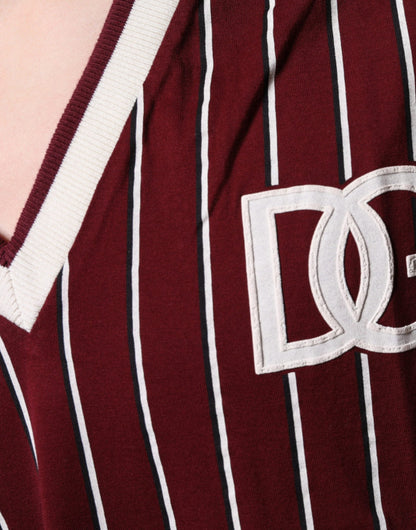 Dolce & Gabbana Maroon Stripes Cotton Logo V-neck T-shirt - IT50 | L