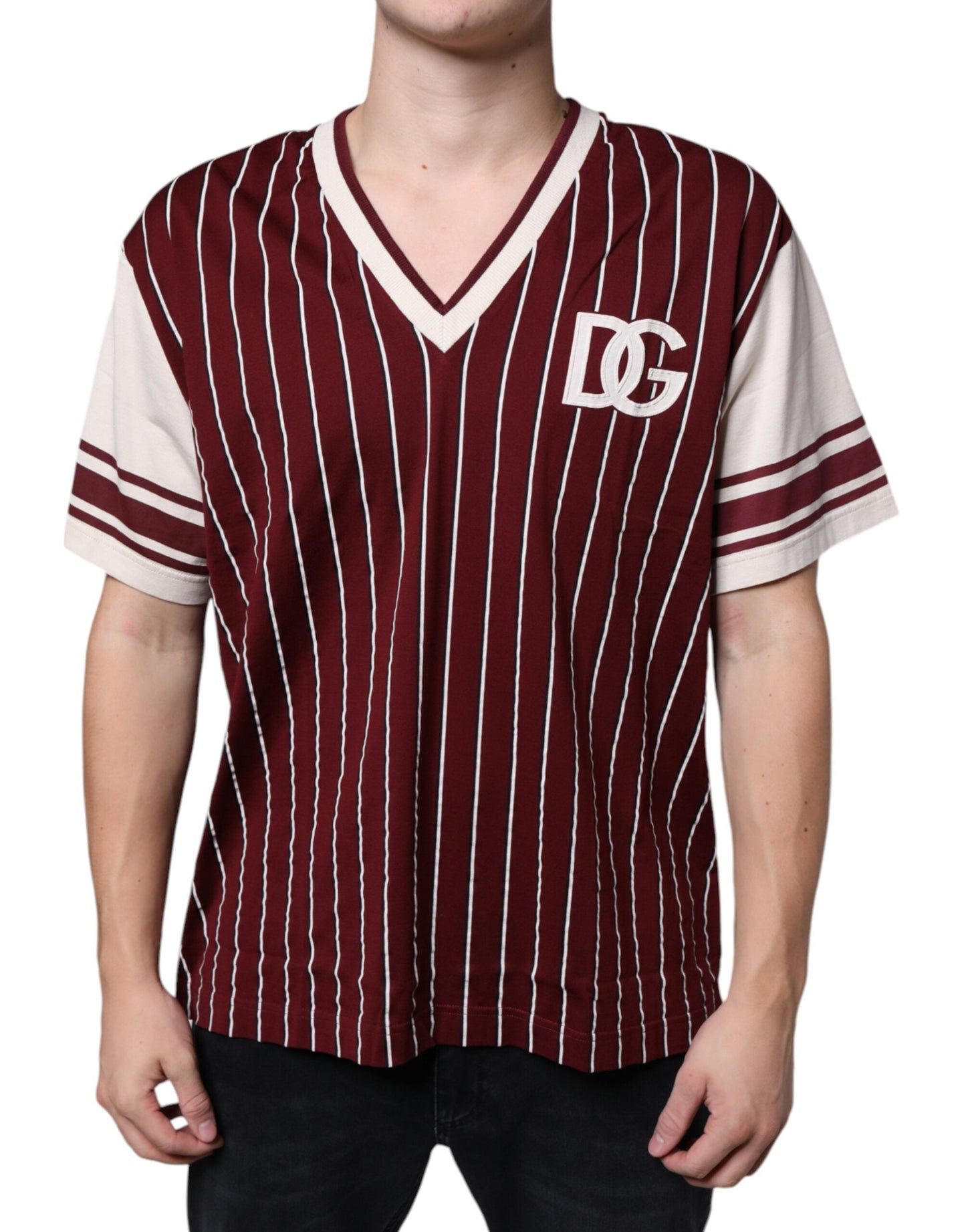 Dolce & Gabbana Maroon Stripes Cotton Logo V-neck T-shirt - IT50 | L