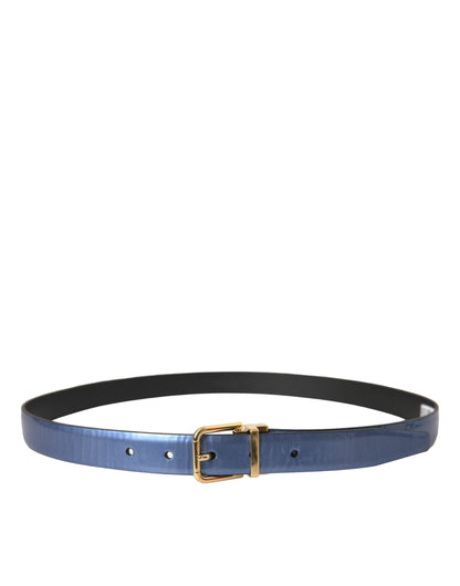 Dolce & Gabbana Metallic Blue Leather Gold Metal Buckle Belt - 90 cm / 36 Inches