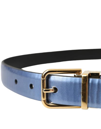 Dolce & Gabbana Metallic Blue Leather Gold Metal Buckle Belt - 90 cm / 36 Inches