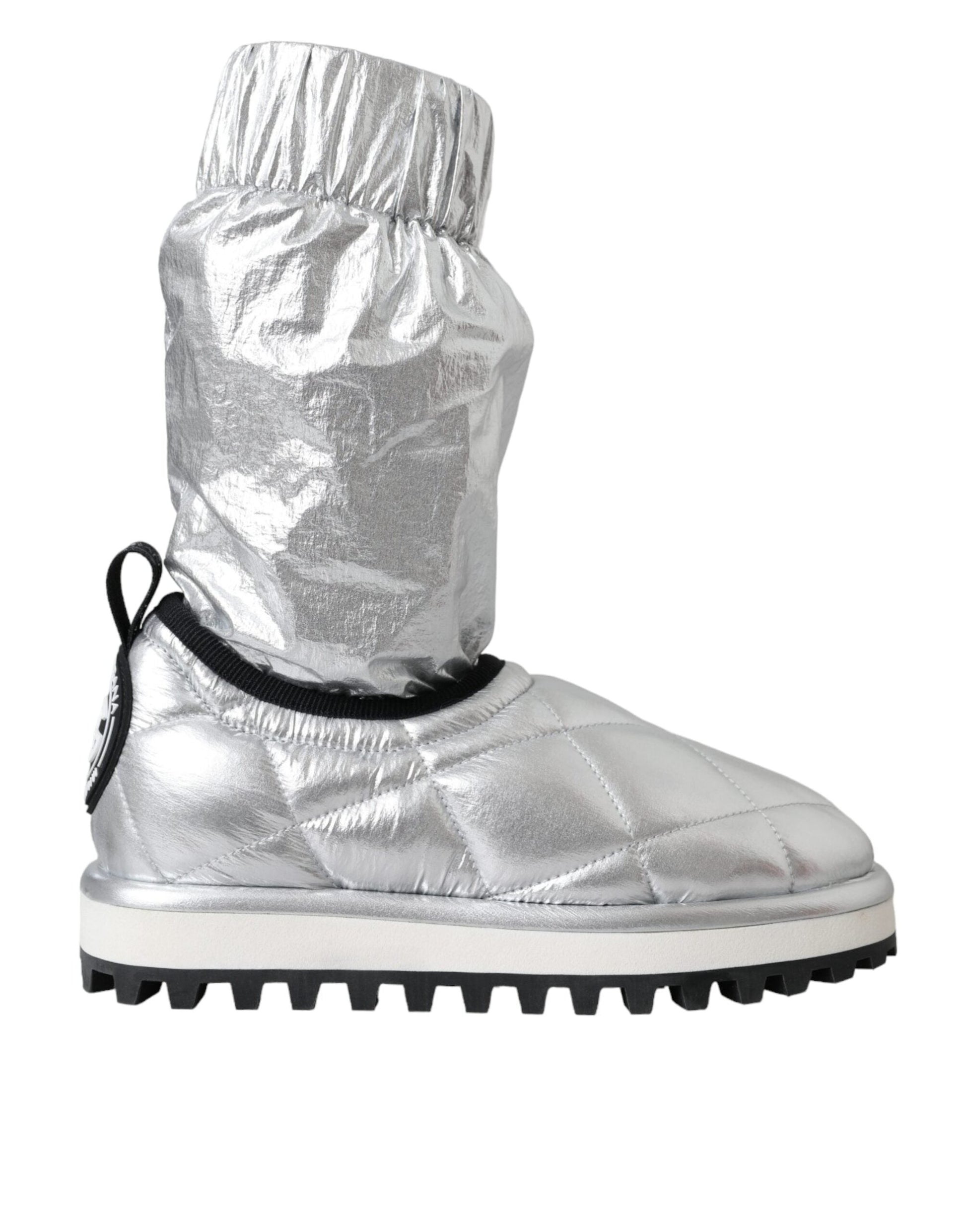 Dolce & Gabbana Metallic Silver Quilted Logo Patch Boot Shoes - EU39/US8.5