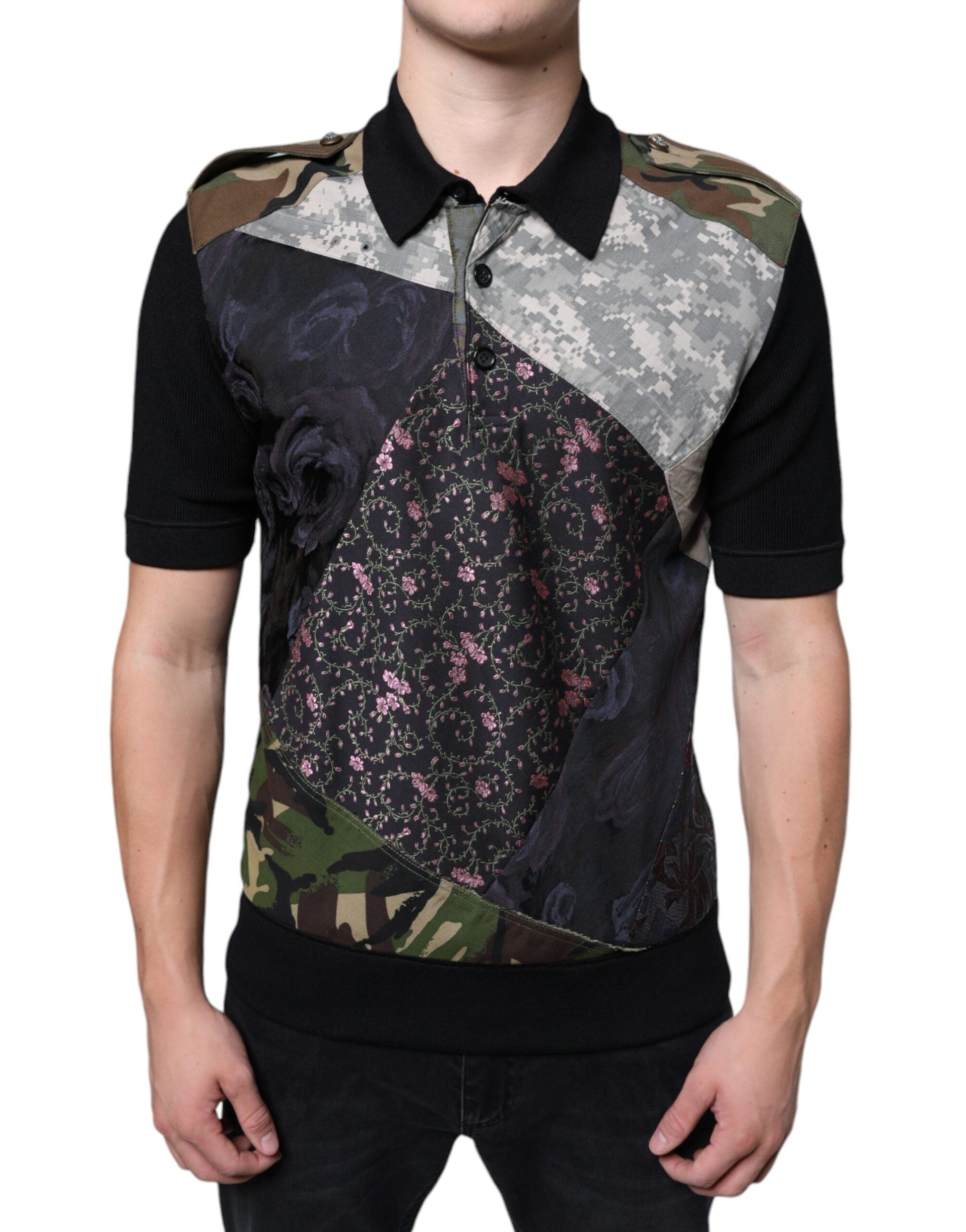 Dolce & Gabbana Multicolor Camouflage Patchwork Silk Polo T-shirt - IT48 | M