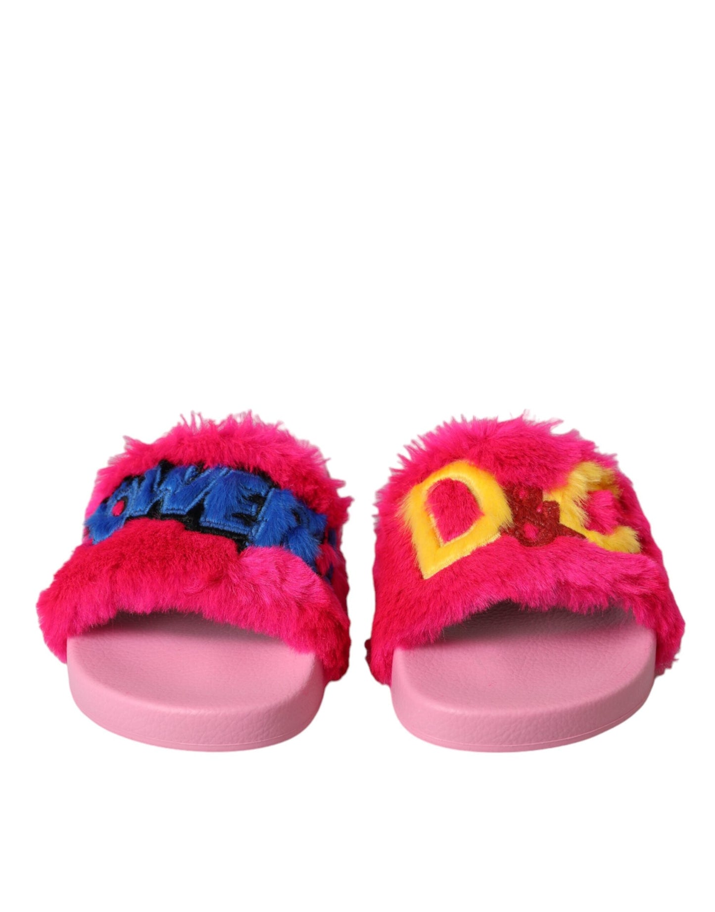 Dolce & Gabbana Multicolor Embroidered Fur Slides Sandals Shoes