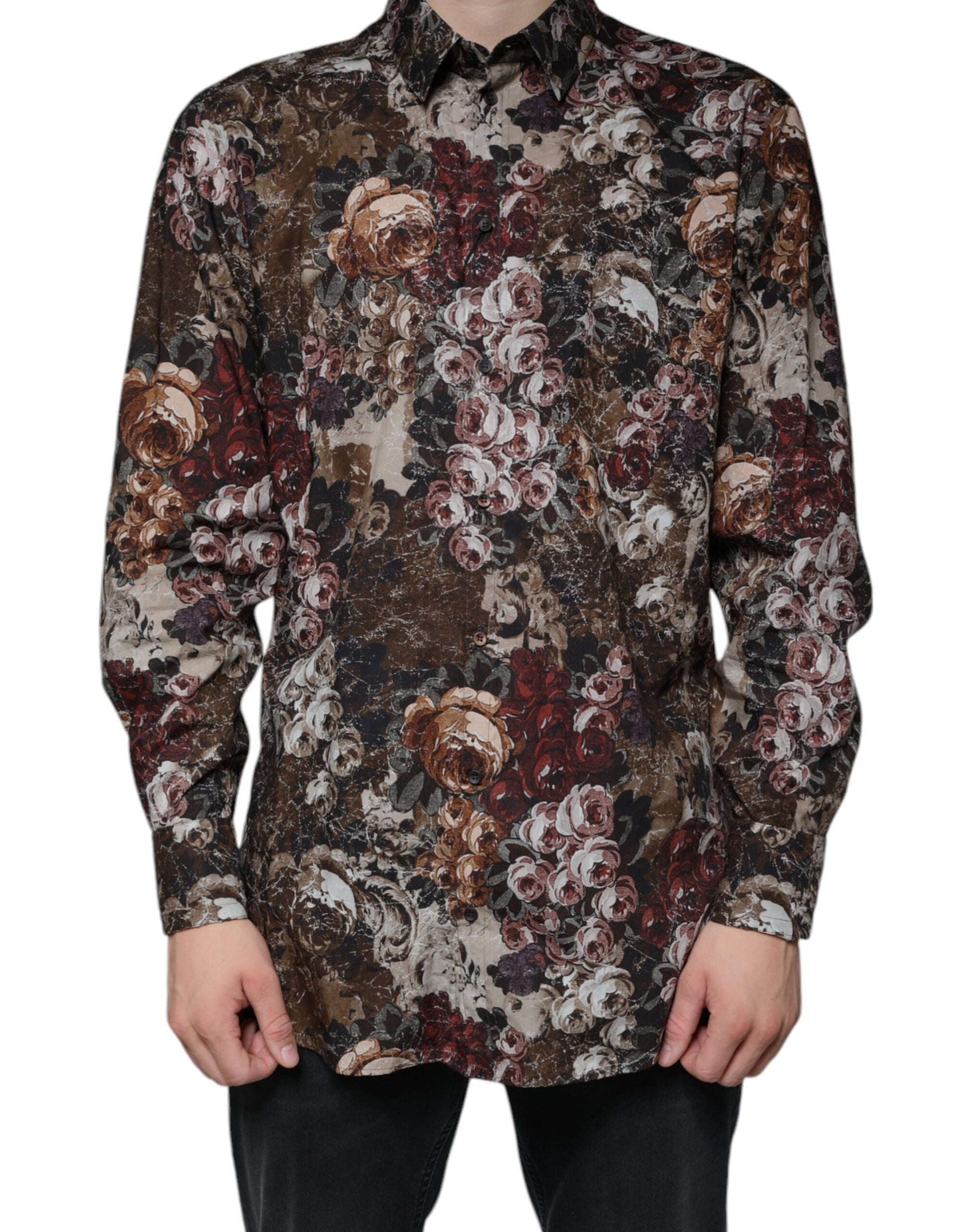 Dolce & Gabbana Multicolor Floral Cotton Men Dress GOLD Shirt - IT43 | 2XL