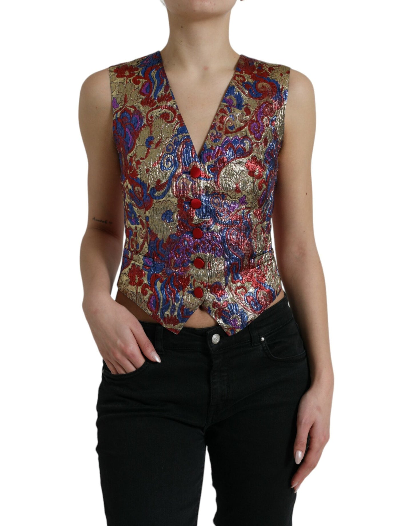 Dolce & Gabbana Multicolor Floral Print Jacquard Waistcoat Vest - IT40|S