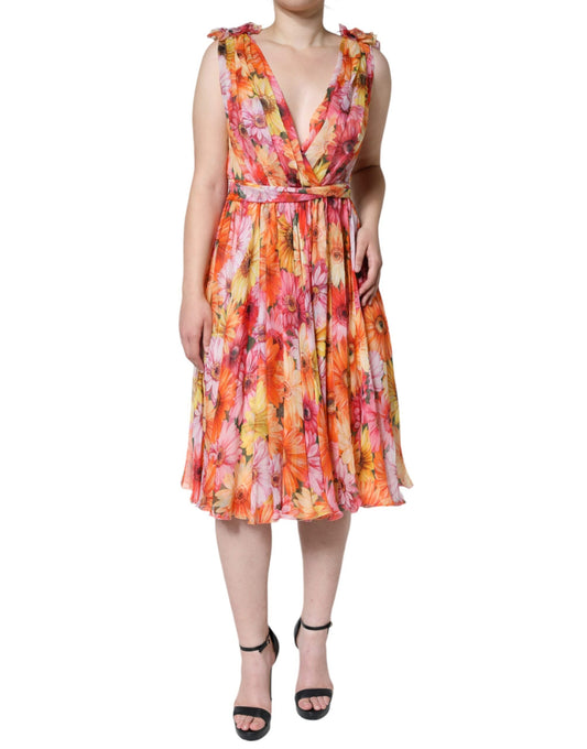 Dolce & Gabbana Multicolor Floral Sleeveless V-neck Midi Dress - IT42|M