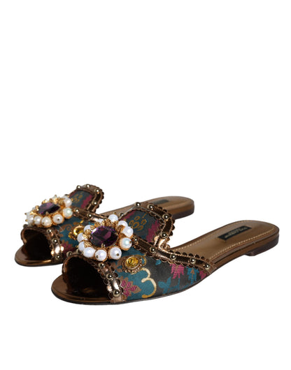 Dolce & Gabbana Multicolor Jacquard Embellished Slides Flats Shoes - EU37/US7