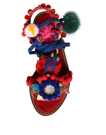 Dolce & Gabbana Multicolor Pom Pom Fur Wrap Sandals Shoes - EU38/US8