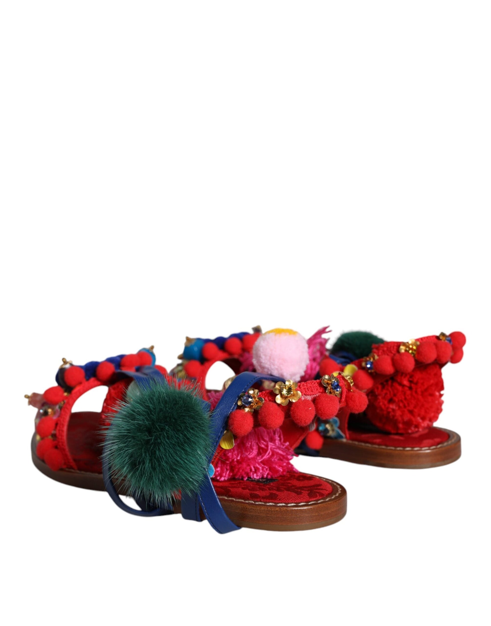 Dolce & Gabbana Multicolor Pom Pom Fur Wrap Sandals Shoes - EU38/US8