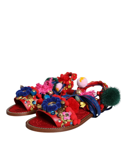 Dolce & Gabbana Multicolor Pom Pom Fur Wrap Sandals Shoes - EU38/US8